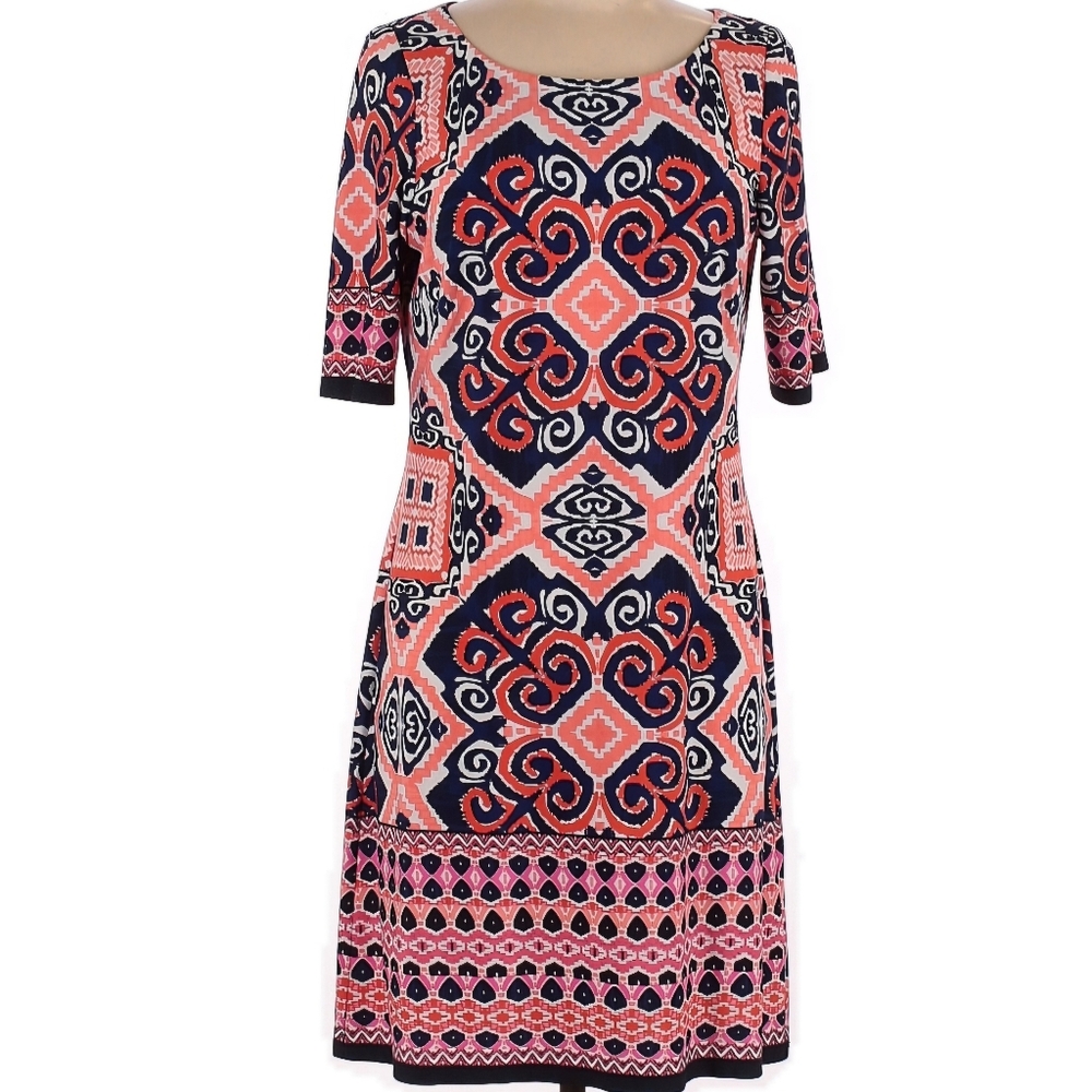 ELIZA J Colorful Moroccan Geometric Medallion Sheath Dress Short Sleeve Sz 8 EUC